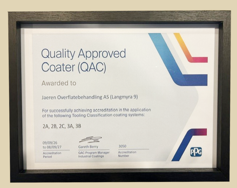 PPG Quality Approved Coater-sertifikat tildelt Jæren Overflatebehandling AS (Langmyra 9)