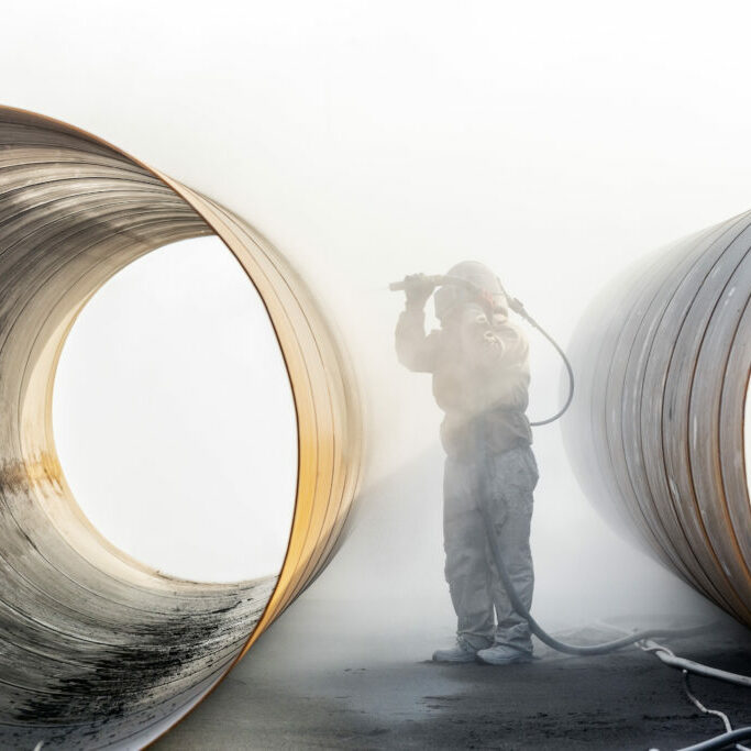 The sandblaster is sandblasting to the pipe materials. A sandblasting system includes four basic components: the air source, the sandblasting cabinet, the dust collector, and the blasting media. The sandblaster is sandblasting to the pipe materials. A sandblasting system includes four basic components: the air source, the sandblasting cabinet, the dust collector, and the blasting media.